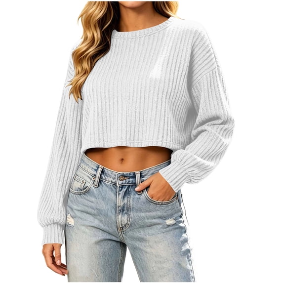 NominalSnug Womens Ribbed Knit Cropped Tops Crewneck Long Sleeve Shirts Loose Fit Casual Pullover Fall Outfits