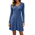 thumbnail image 1 of NominalSnug Womens Ribbed Knit Nightgown V Neck Long Sleeve Button Front A Line Mini Sleep Dress Loungewear, 1 of 8