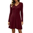 thumbnail image 1 of NominalSnug Womens Ribbed Knit Nightgown V Neck Long Sleeve Button Front A Line Mini Sleep Dress Loungewear, 1 of 8