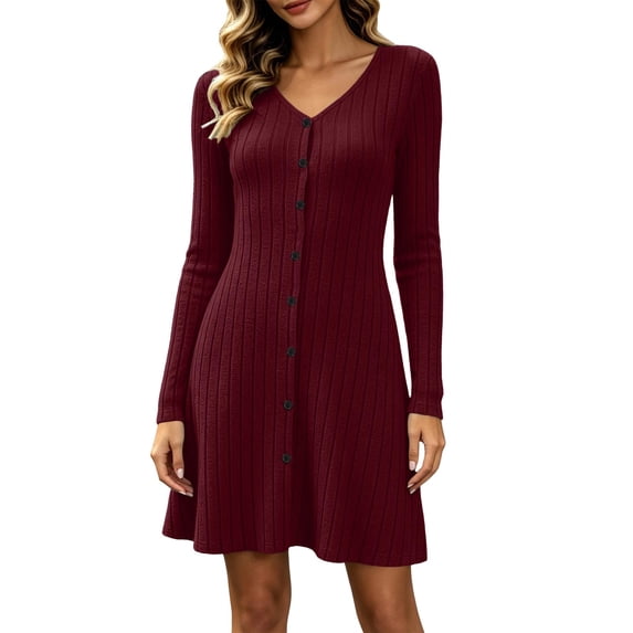 NominalSnug Womens Ribbed Knit Nightgown V Neck Long Sleeve Button Front A Line Mini Sleep Dress Loungewear