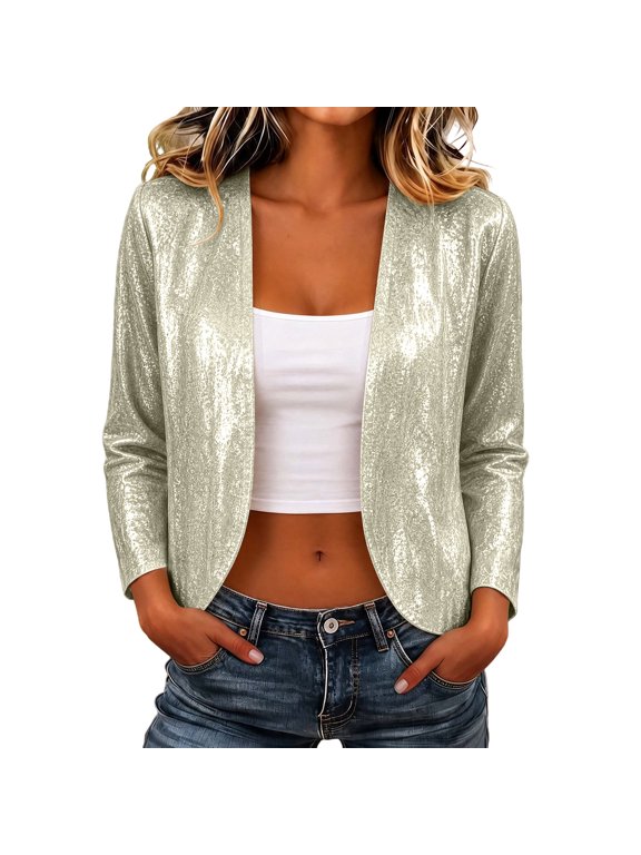 Womens Sequin Cardigan Open Front Long Sleeve Cropped Casual Jacket with Pockets Fall Outfits