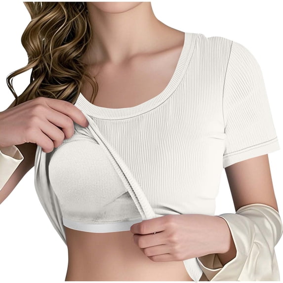 NominalSnug Womens Short Sleeve Tops Built in Bra Summer T Shirts Scoop Neck Ribbed Knit Fitted Basic Tee Casual Going Out Top