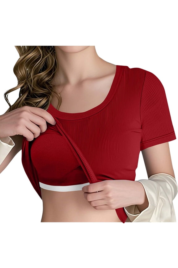 Womens Short Sleeve Tops Built in Bra Summer T Shirts Scoop Neck Ribbed Knit Fitted Basic Tee Casual Going Out Top