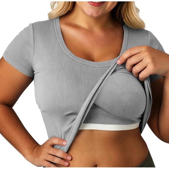 NominalSnug Womens Short Sleeve Tops Built in Bra Summer T Shirts Scoop Neck Ribbed Knit Fitted Basic Tee Casual Going Out Top