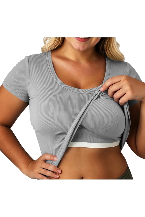 Womens Short Sleeve Tops Built in Bra Summer T Shirts Scoop Neck Ribbed Knit Fitted Basic Tee Casual Going Out Top