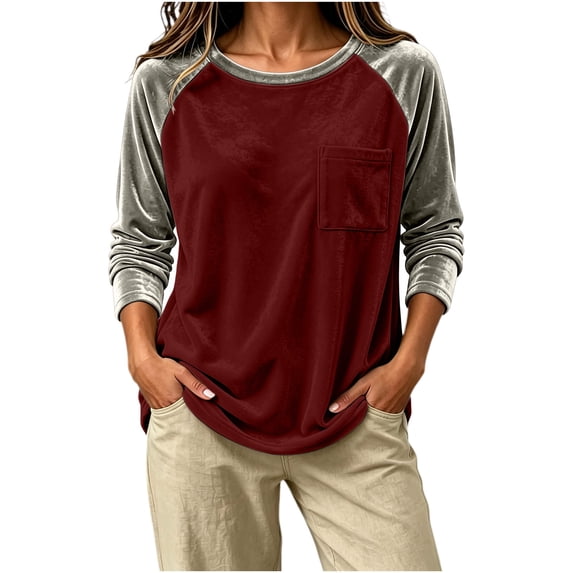 NominalSnug Womens Velvet Tops Raglan Long Sleeve Shirts Color Block Crewneck Loose Fit Casual Blouse Pocket Fall Outfits