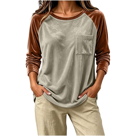 NominalSnug Womens Velvet Tops Raglan Long Sleeve Shirts Color Block Crewneck Loose Fit Casual Blouse Pocket Fall Outfits