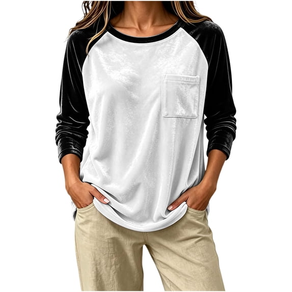 NominalSnug Womens Velvet Tops Raglan Long Sleeve Shirts Color Block Crewneck Loose Fit Casual Blouse Pocket Fall Outfits