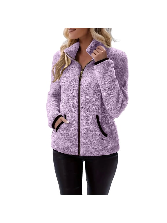Womens Winter Fleece Jackets Full Zip up Long Sleeve Sherpa Winter Coat Stand Collared Fuzzy Jackets with Pockets