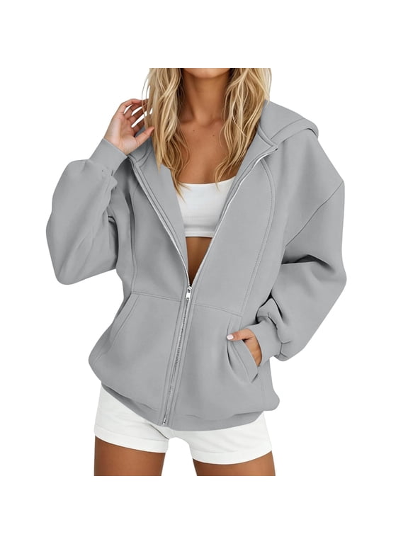 Womens Zip up Hoodies Fashion Casual 3/4 Sleeve Sweatshirts Comfy Fall Jackets with Pockets Drawstring