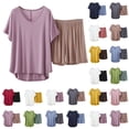 thumbnail image 1 of NominalSnug Pajama Sets for Women Round Neck Short Sleeve Sleep Shirts Wide Leg Pleated Shorts Casual Loose Loungewear, 1 of 6