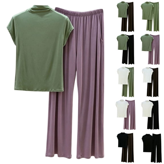 NominalSnug Womens Pajamas Sets High Neck Cap Sleeve Top Elastic Waisted Lounge Pants with Pockets Loose Homewear