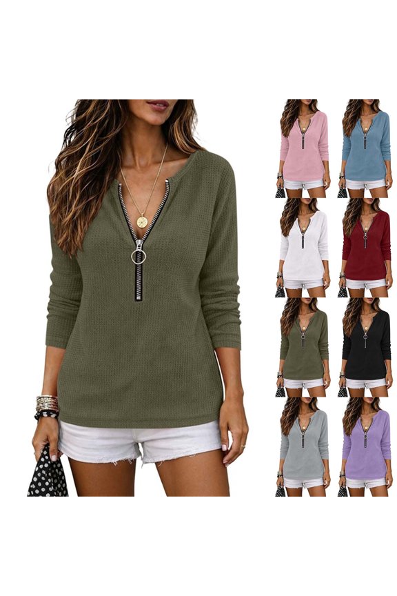 Womens Tops Long Sleeve Shirts Fitted Low Cut Tops Ribbed Knit Zipper Deep V Neck Fall Shirts Blouses