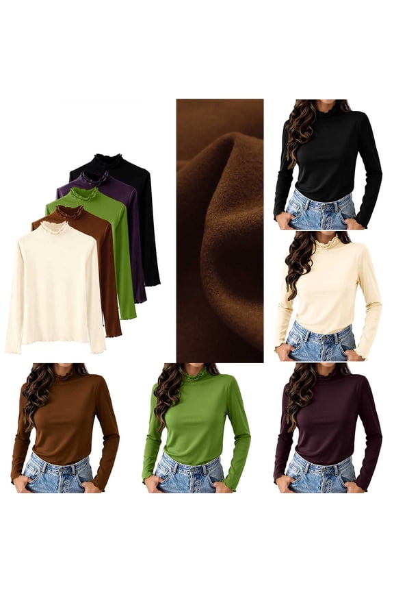 Womens Turtleneck Shirts Long Sleeve Ruffle Neck Slim Fitted Casual Basic Tight Tops