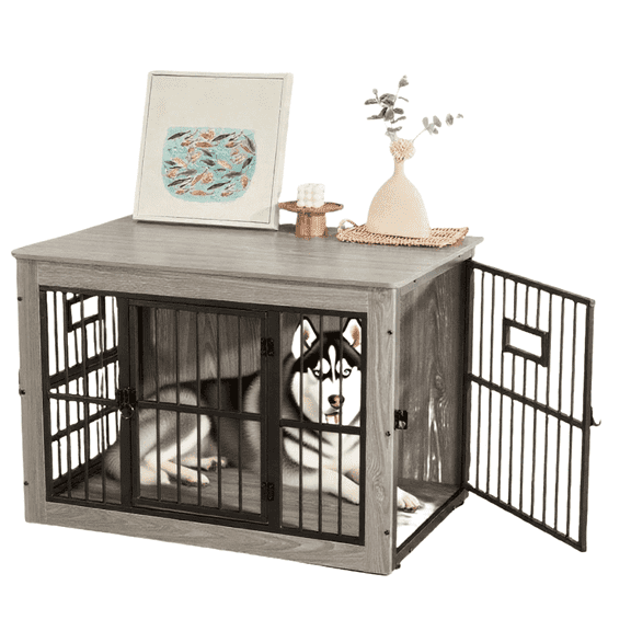 Nomipaw 27 Inches Double-Doors Kennel Indoor Wooden Dog Crate Furniture for Small or Medium Dogs,Dog Cage Table with Steel Lock & Waterproof Top,Gray