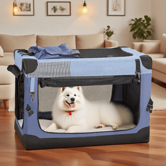 Nomipaw 30 Inch Portable Dog Crate Soft Collapsible,3-Door Blue Travel Pet Crate for Small/Medium Dogs Indoor & Outdoor with Durable Mesh Windows & Storage Bag