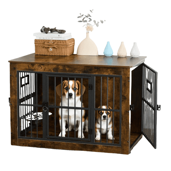 Nomipaw Wooden Dog Crate Furniture,27 Inches Double-Doors Kennel Indoor for Small or Medium Dogs,Dog Cage Table with Steel Lock & Waterproof Top,Brown