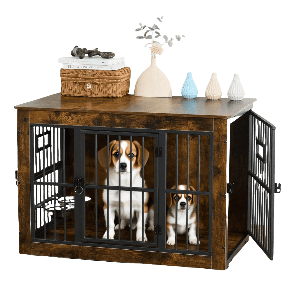 Nomipaw Wooden Dog Crate Furniture,38 Inches Double-Doors Kennel Indoor for Small or Medium Dogs,Dog Cage Table with Steel Lock & Waterproof Top,Brown With Dog Bowls