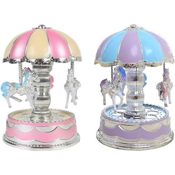 Nomive Carousel Music Box Wind Up Musical Boxes with Horses Color Change LED Luminous Light for Daughter Birthday Valentine Gift Pink/Blue available