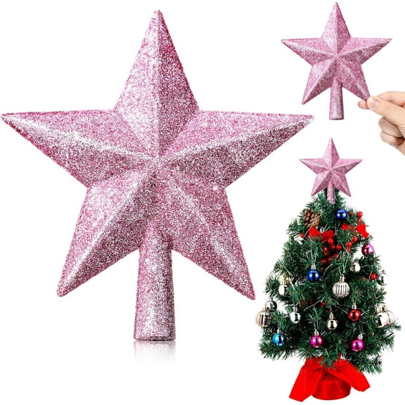 Nomive Pink Glitter Christmas Tree Topper Shatter-Proof 7.8 Inch Small Christmas Tree Decoration Treetop for Holiday Ornament