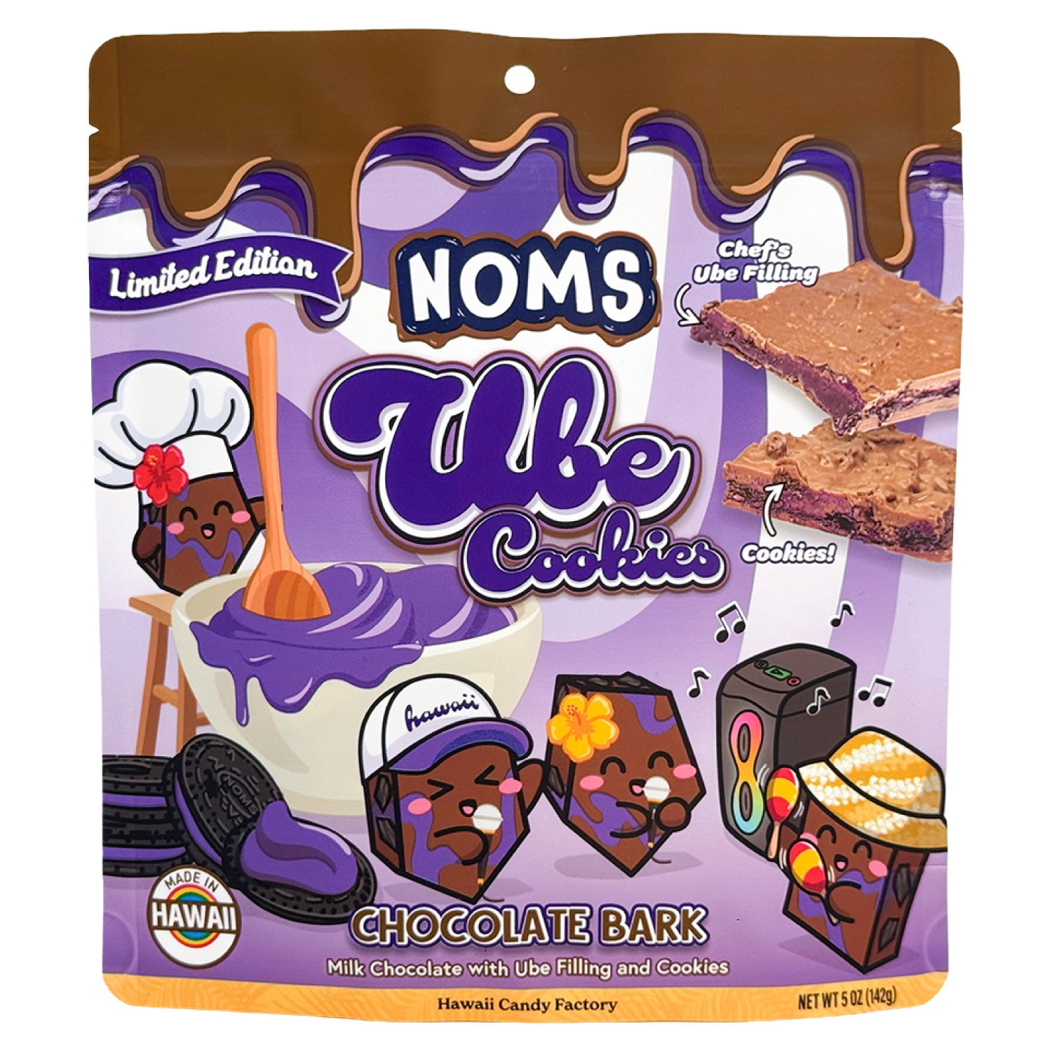 NOMS Ube Cookie Chocolate Bark, Ube Filling and Cookies Hawaii Candy, 5 oz, Resealable Bag