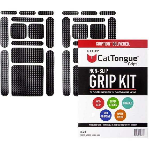 Non-Abrasive Grip Kit by CatTongue Grips, 26 pcs – Waterproof Non-Slip Grip Tape Kit for Indoor & Outdoor Use - Thousands of Grippy Uses: Furniture, Bathtubs, Frames, Controllers and More! (Black)