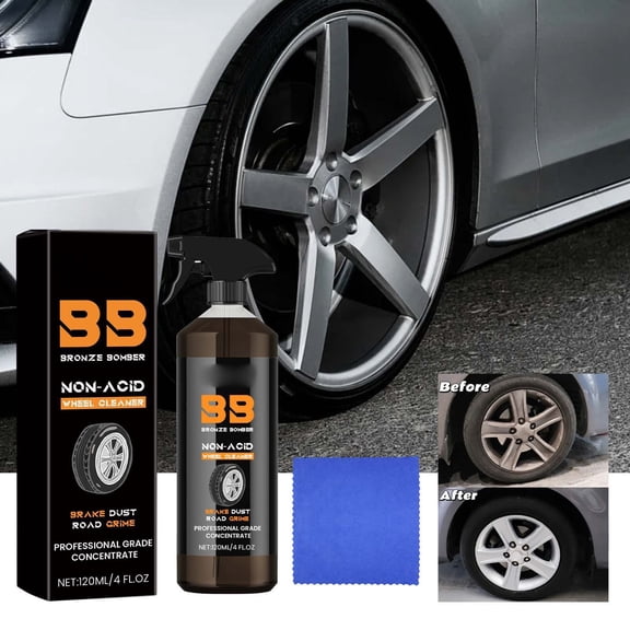 Non-Acidic Wheel Cleaner Kit, 120ml Gentle Yet Powerful Brake Dust and Road Grime Remover Spray with Sponge and Cloth, Coated Rims, Wheel Care Set