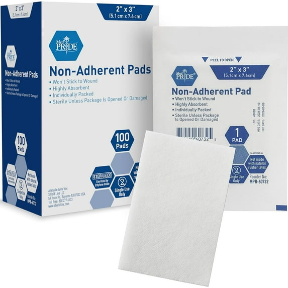 MEDPRIDE Sterile Non-Adherent Pads for Wound Dressing & First Aid Kit, 2'' x 3'' 100-Pack
