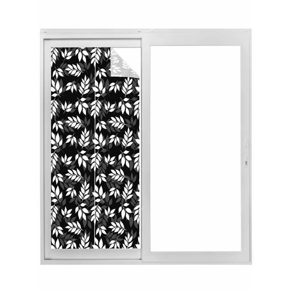 Non-Adhesive Static Cling Window Tint, Black White Leaves Window Privacy Film Frosted, Spring Pastoral Rustic Botanical Insulated Windows Frosted Films for Living room, 35.4 x 78.7 Inches
