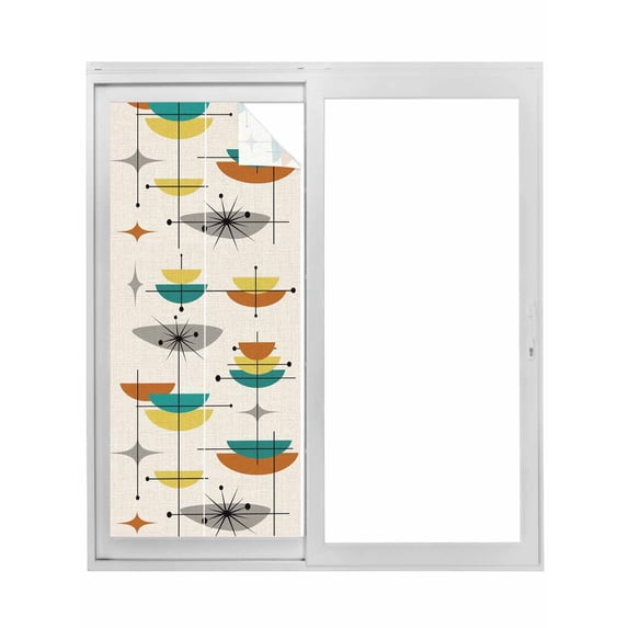 Non-Adhesive Static Cling Window Tint, Boho Modern Window Privacy Film Frosted, Middle Century Teal Yellow Orange Geometric Insulated Windows Frosted Films for Living room, 35.4 x 78.7 Inches