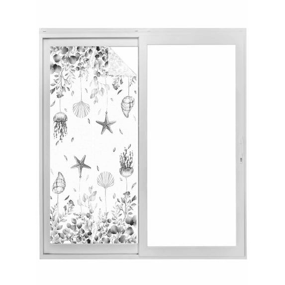 Non-Adhesive Static Cling Window Tint, Gray Eucalyptus Coastal Window Privacy Film Frosted, Beach Starfish Shells Insulated Windows Frosted Films for Living room, 35.4 x 78.7 Inches