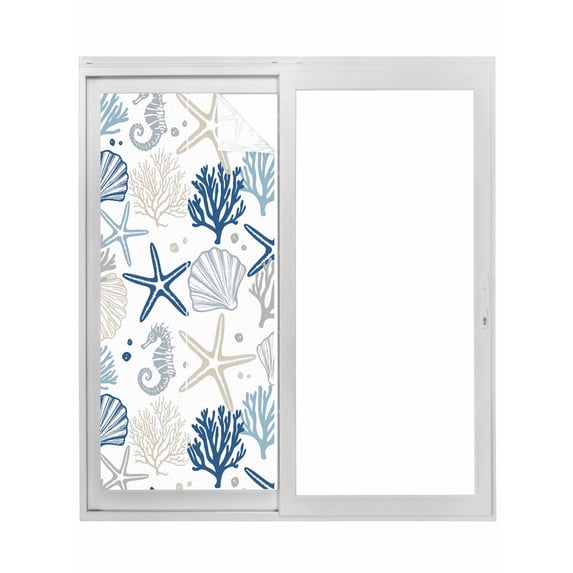 Non-Adhesive Static Cling Window Tint, Navy Blue Coastal Window Privacy Film Frosted, Summer Beach Coral Shell Ocean Insulated Windows Frosted Films for Living room, 35.4 x 78.7 Inches