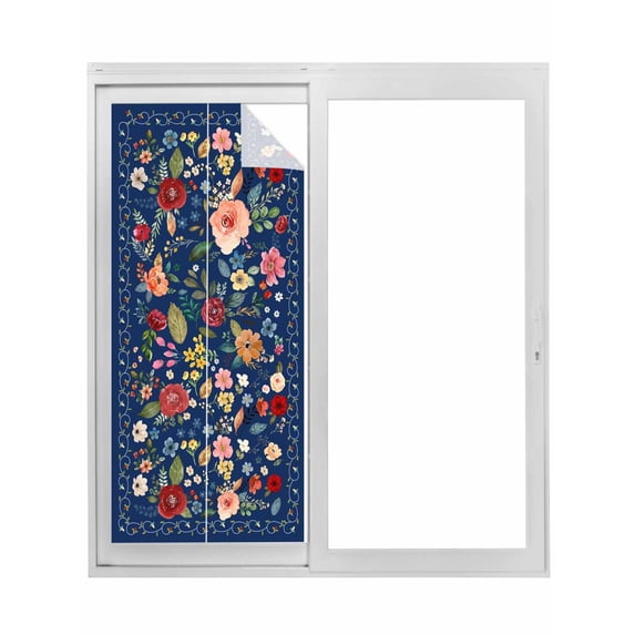 Non-Adhesive Static Cling Window Tint, Navy Blue Floral Window Privacy Film Frosted, Spring Farmhouse Botanical Flowers Vintage Insulated Windows Frosted Films for Living room, 35.4 x 78.7 Inches
