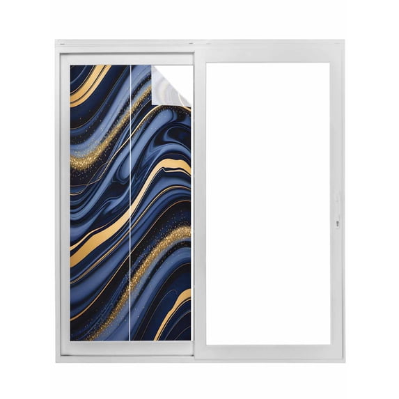 Non-Adhesive Static Cling Window Tint, Navy Blue Golden Marble Window Privacy Film Frosted, Modern Abstract Marble Flow Insulated Windows Frosted Films for Living room, 35.4 x 78.7 Inches