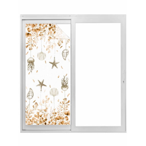 Non-Adhesive Static Cling Window Tint, Orange Eucalyptus Coastal Window Privacy Film Frosted, Beach Starfish Conch Insulated Windows Frosted Films for Living room, 35.4 x 78.7 Inches