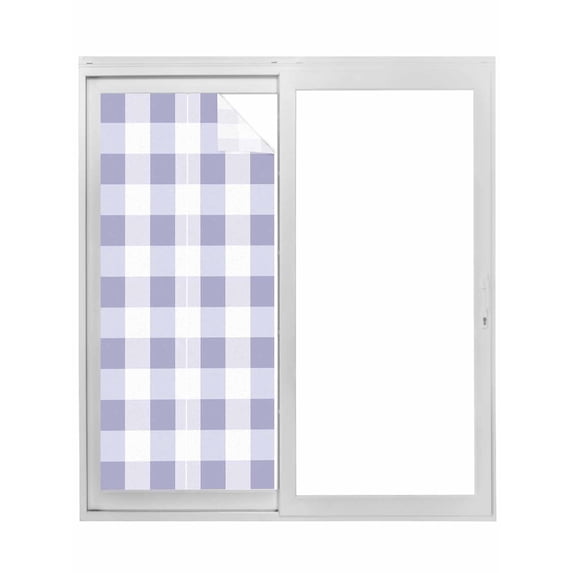 Non-Adhesive Static Cling Window Tint, Purple White Buffalo Check Window Privacy Film Frosted, Farmhouse Plaid Modern Geometric Insulated Windows Frosted Films for Living room, 35.4 x 78.7 Inches