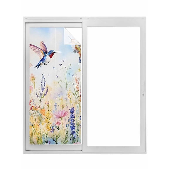 Non-Adhesive Static Cling Window Tint, Spring Floral Window Privacy Film Frosted, Pastoral Rustic Hummingbird Botanical Insulated Windows Frosted Films for Living room, 35.4 x 78.7 Inches