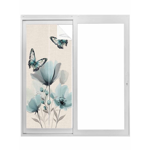 Non-Adhesive Static Cling Window Tint, Turquoise Floral Window Privacy Film Frosted, Spring Pastoral Flowers Butterfly Beige Insulated Windows Frosted Films for Living room, 35.4 x 78.7 Inches