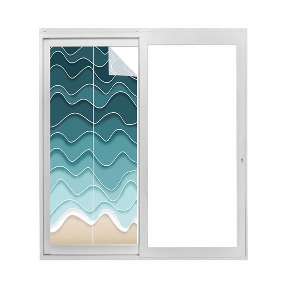 Non-Adhesive Static Cling Window Tint, Turquoise Ombre Stripe Window Privacy Film Frosted, Summer Beach Abstract Waves Moires Insulated Windows Frosted Films for Living room, 35.4 x 78.7 Inches