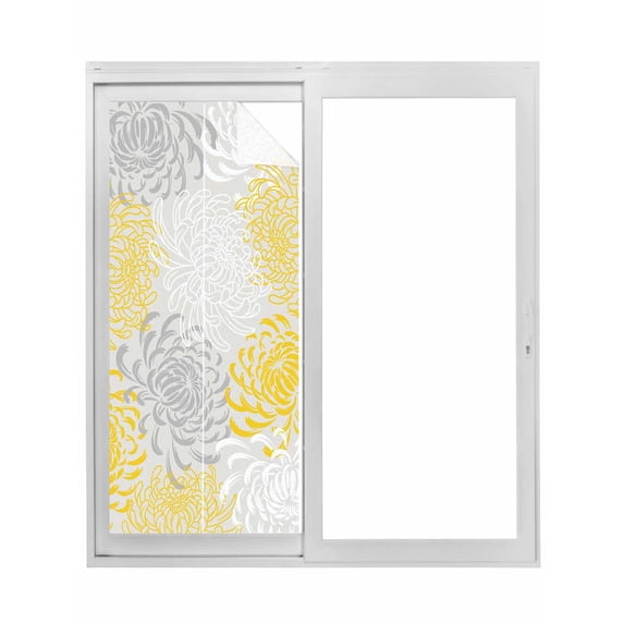 Non-Adhesive Static Cling Window Tint, Yellow Grey Chrysanthemum Window Privacy Film Frosted, Farmhouse Botanical Floral Modern Insulated Windows Frosted Films for Living room, 35.4 x 78.7 Inches