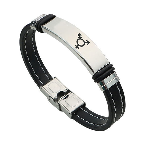 Non-Binary Jewelry - Soft Silicone Transgender Symbol Bracelet Stainless Steel Trans Pride Gender Identity Id Bangle Trans Support Jewelry for Allies, 8.26 inches, Silver