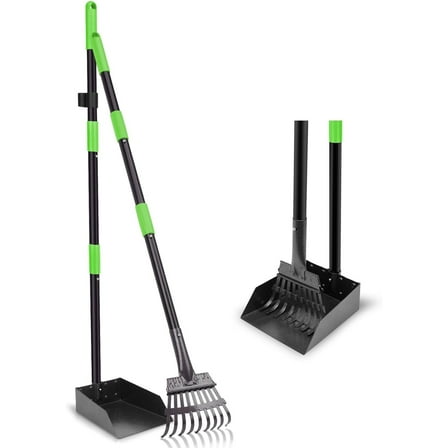 Non-Breakable Pooper Scooper, Dog Pooper Scooper Tray & Rake Set with Adjustable Stainless Steel Long Handle for Large Medium Small Dogs (Green)