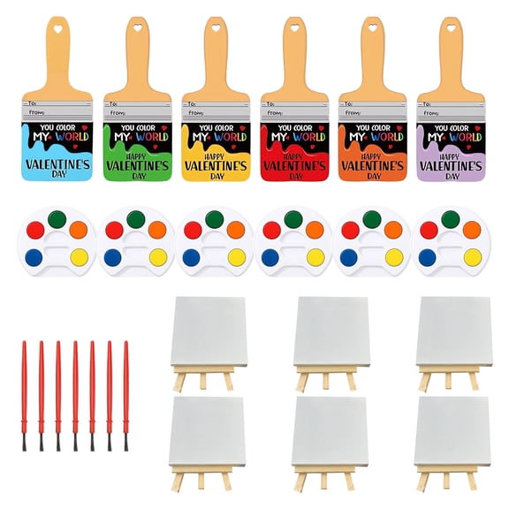 Non-Candy Valentine Gifts for Classmates, 6 Pcs Watercolor Paint Kits with Mini Canvas & Easel, Creative Art Activity Party Supplies