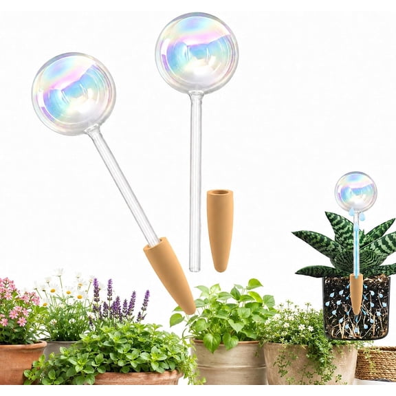 Non-Clogging Iridescent Ball Watering Globes with Terracotta Spikes, Hand Blown Glass Self Watering Planter Insert, Watering Bulbs for Indoor Small & Medium Potted (2 Pack)