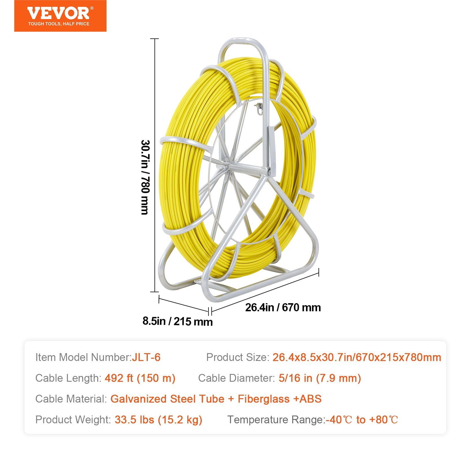 Non-Conductive Fish Tape Wire Puller, 492 ft Fiberglass, 5/16 in, with ...
