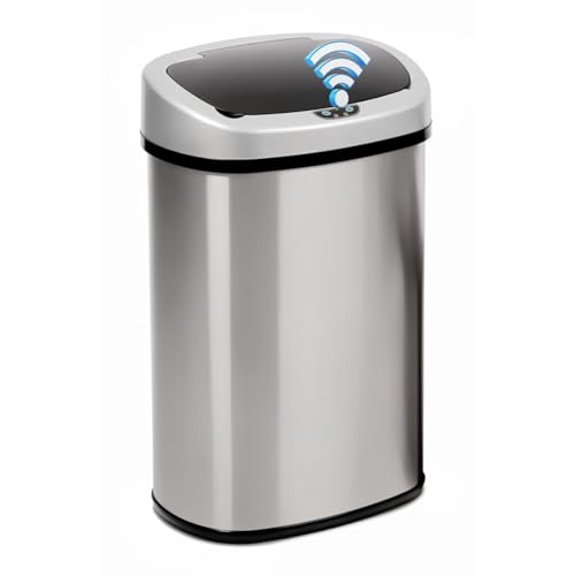 Non-Contact 13-Gallon Stainless Steel Waste Bin - Kitchen Waste Bin with Lid and Motion Sensor, Fingerprint-Resistant, Silent Operation - Large Kitchen Trash Can, Trash Can Kitchen