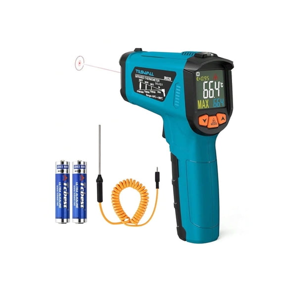 Non-Contact Digital Laser Infrared Thermometer with Probe, precise temperature measuring tool featuring adjustable emissivity and high/low temperature alarm. Wide measuring range from -58F to 1472F