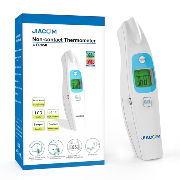 Non-Contact Forehead Thermometer, 1-Second Reading, 3-Color Backlight, Fever Alarm, 30 Memories, White and Blue