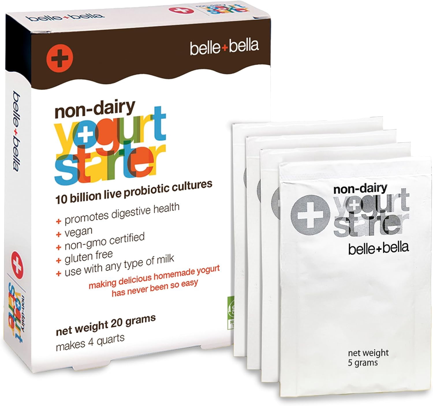 Belle+Bella Non-Dairy Vegan Yogurt Starter - 1 Box - Makes 4 Quarts - Gluten Free, No Added Sugar, Non GMO - 10 Billion Live Cultures - Mix with any Milk