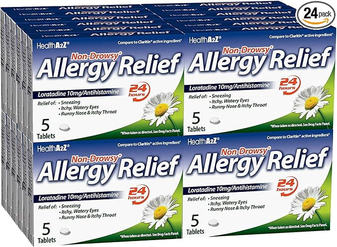HealthA2Z® Allergy Relief | Loratadine 10mg | Antihistamine | 24-Hour Allergy Medicine | 5 Tablets (Pack of 24) | 120 Tablets Total | Value Pack